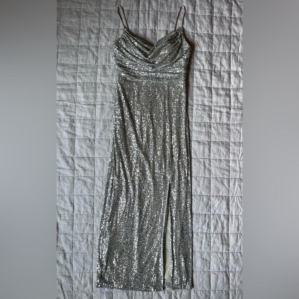 Eliza J Champagne Cowl Neck Sequin Gown Spaghetti Straps Leg Slit Formal - 8